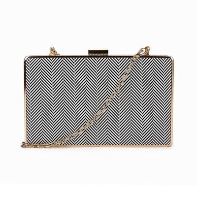 Lucille Chevron Pattern Metal Framed Box Clutch with Chain - Black & White
