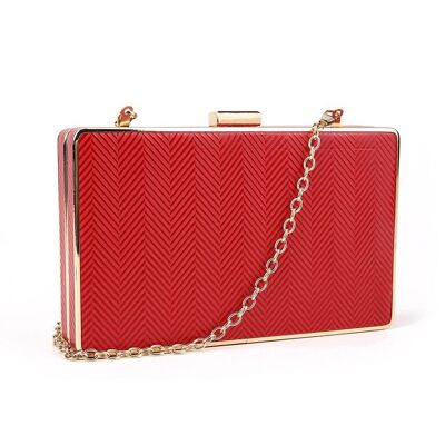 Lucille Chevron Pattern Metal Framed Box Clutch with Chain - Red