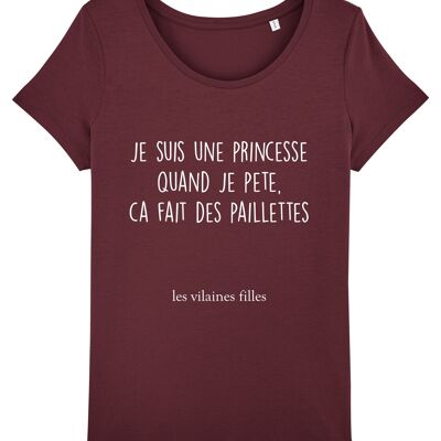 Tee-shirt col rond Je suis une princesse bio, coton bio, bordeaux