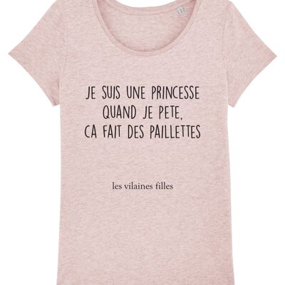 Tee-shirt col rond Je suis une princesse bio, coton bio, rose chiné