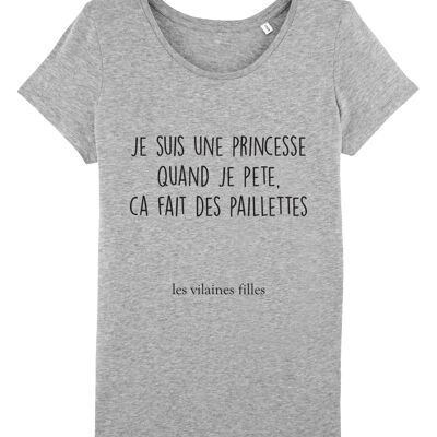 Tee-shirt col rond Je suis une princesse bio, coton bio, gris chiné