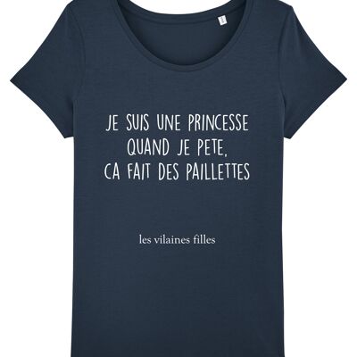 Tee-shirt col rond Je suis une princesse bio, coton bio, bleu marine