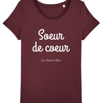 Round neck T-shirt organic sister of heart, organic cotton, burgundy