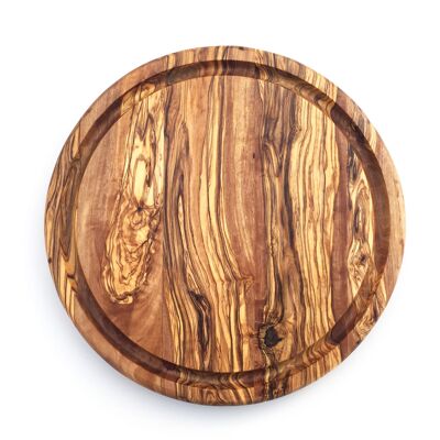 Planche à découper ronde avec rainure à jus Ø 25/30 cm en bois d'olivier