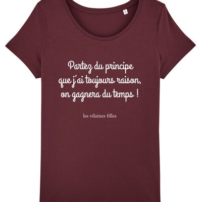 Round neck T-shirt I’m always organic, organic cotton, burgundy