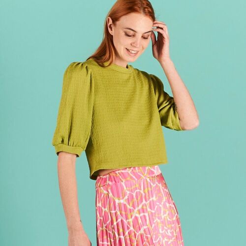Slightly balloon sleeves shirt with round neckline - LIME