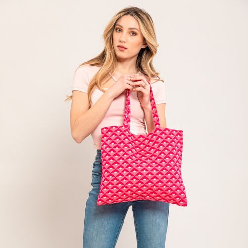 Basic open handbag in fabric with colored geometric pattern - FUCHSIA