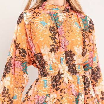 Robe fleurie col montant, resserrée à la taille avec volants dans le bas - ORANGE 2