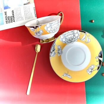 Tasse à thé, soucoupe et cuillère en porcelaine saphir jaune 5