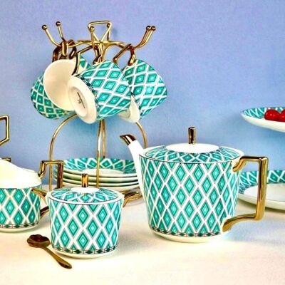The Edwardian Emerald Bone China Tea Set - Set B (with cake stand)