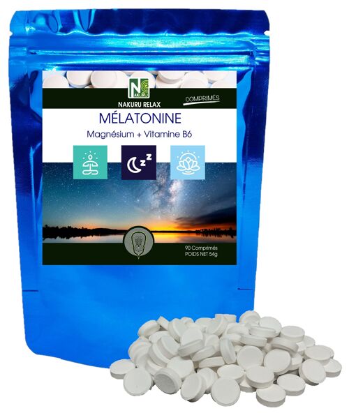 Mélatonine Forte 1,8mg + Magnésium + Vitamine B6 / 90 Comprimés de 600mg / NAKURU Relax / Poids Net: 54g