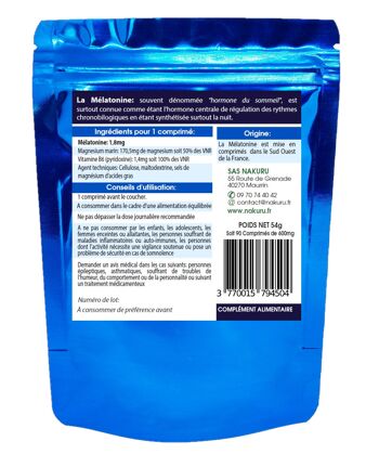Mélatonine Forte 1,8mg + Magnésium + Vitamine B6 / 90 Comprimés de 600mg / NAKURU Relax / Poids Net: 54g 2