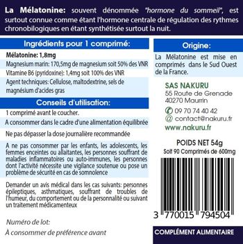 Mélatonine Forte 1,8mg + Magnésium + Vitamine B6 / 90 Comprimés de 600mg / NAKURU Relax / Poids Net: 54g 4
