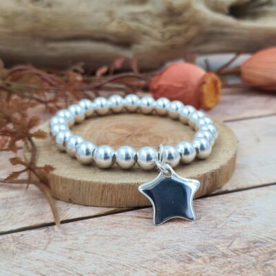 Bracelet argent 925 - Perles 8mm - pendentif étoile bombée
