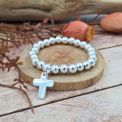 Bracelet argent 925 perles 8mm - pendentif croix