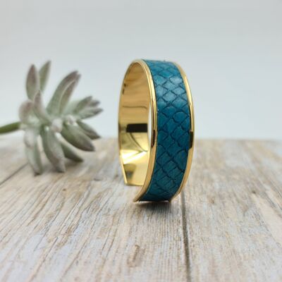 Manchette cuir de saumon - Bleu turquoise -M -  15mm