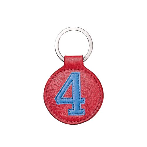 Porte clé cuir chiffre 4 bleu mer fond rouge fraise 5 cm