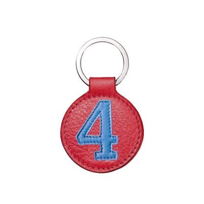 Leather key ring number 4 sea blue strawberry red background 5 cm