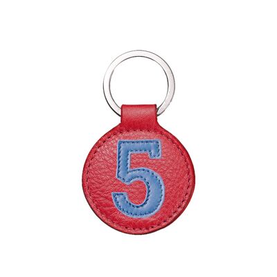 Leather key ring number 5 sea blue strawberry red background 5 cm