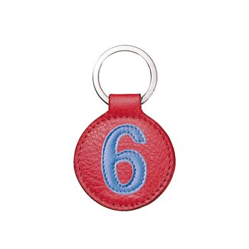 Porte clé cuir chiffre 6 bleu mer fond rouge fraise 5 cm