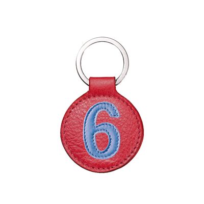 Leather key ring number 6 blue sea strawberry red background 5 cm