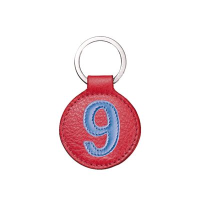 Leather key ring number 9 sea blue strawberry red background 5 cm