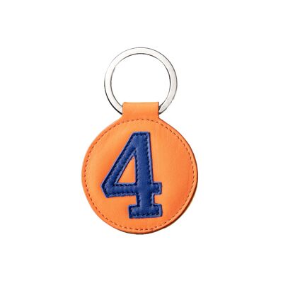 Porte clé cuir chiffre 4 bleu vif fond orange 5 cm
