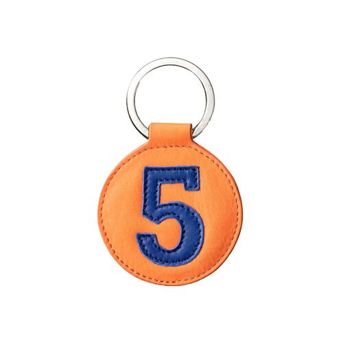 Porte clé cuir chiffre 5 bleu vif fond orange 5 cm