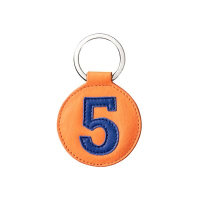 Leather key ring number 5 bright blue orange background 5 cm