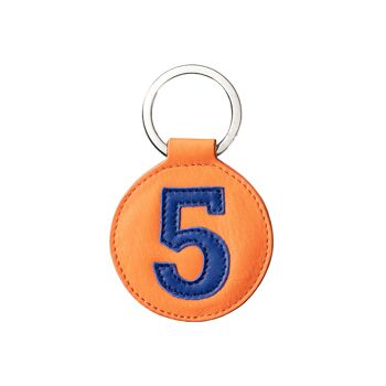 Porte clé cuir chiffre 5 bleu vif fond orange 5 cm