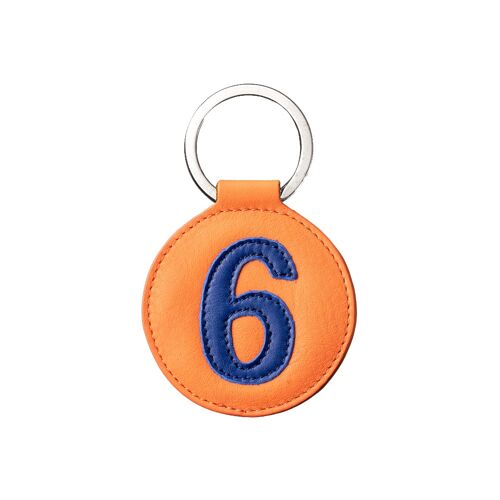 Porte clé cuir chiffre 6 bleu vif fond orange 5 cm