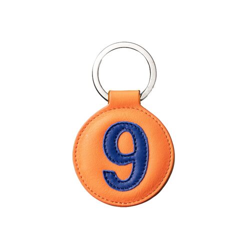 Porte clé cuir chiffre 9 bleu vif fond orange 5 cm