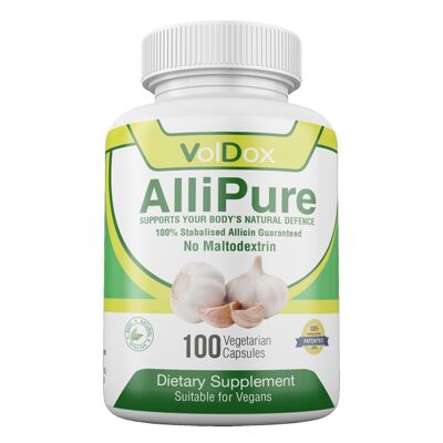 Integratori di aglio AlliPure 100% allicina – Capsule di aglio naturali, extra forti, inodori, pillole di aglio per aiutare a rafforzare il sistema immunitario, non OGM, brevettate, vegetariane 100 capsule di VolDox, 450 mg.