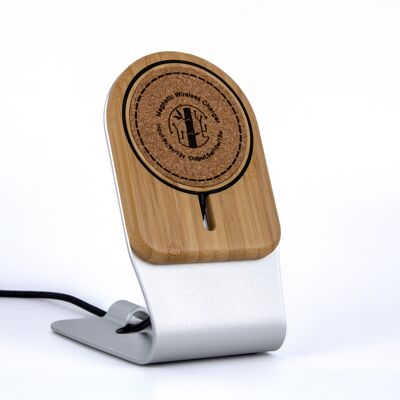 Magsafe compatible wireless charger in bamboo and cork + Vertical support