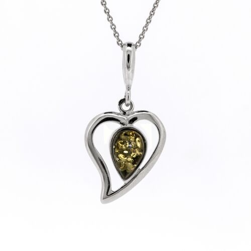 Green Amber Heart Pendant with 18" Trace Chain and Presentation Box