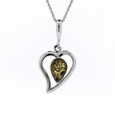 Pendentif Coeur Ambre Vert avec Chaîne Trace 18" et Boîte de Présentation