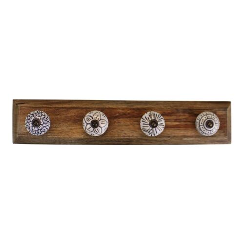 4 Single Ceramic Ivory Coat Hooks On Wooden Base