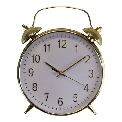 Reloj de pared estilo alarma dorado y blanco