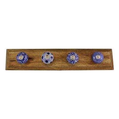 Patères décoratives bleues et blanches sur socle en bois