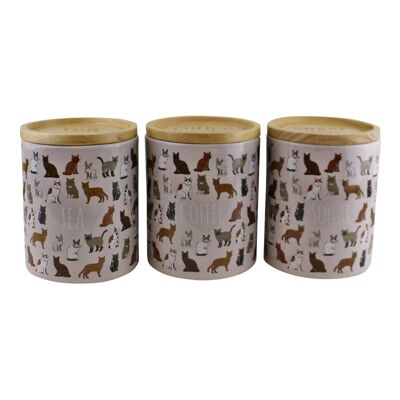 Botes de cerámica para té, café y azúcar con diseño de gato