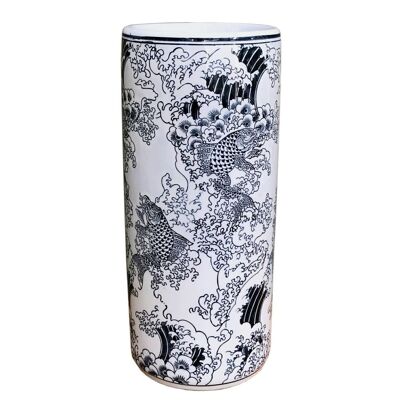 Paragüero de cerámica con relieve, diseño Koi azul/blanco