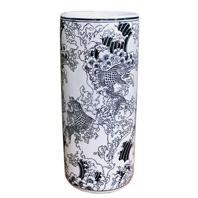 Ceramic Embossed Umbrella Stand, Blue/White Koi Design