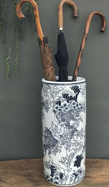 Porte-parapluie en céramique gaufrée, motif Koi bleu/blanc 3