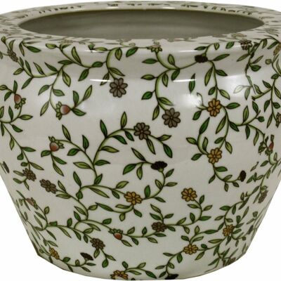 Macetero de cerámica, diseño floral verde y blanco vintage