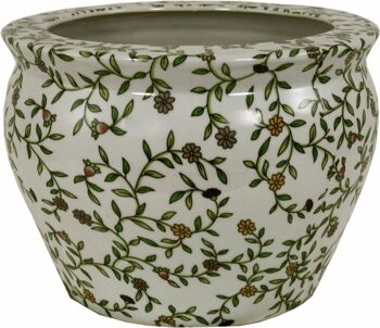 Jardinière en céramique, motif floral vert et blanc vintage 1