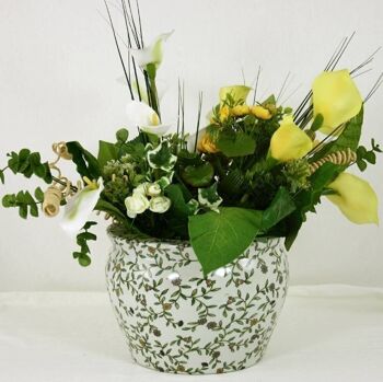 Jardinière en céramique, motif floral vert et blanc vintage 2