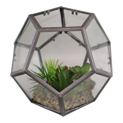 Terrario hexagonal de vidrio y metal con suculentas falsas
