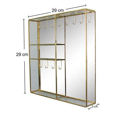 Joyero de pared con espejo de metal dorado y cristal