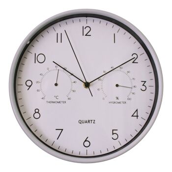 Horloge Murale Grise 30cm avec Thermomètre/Hygromètre