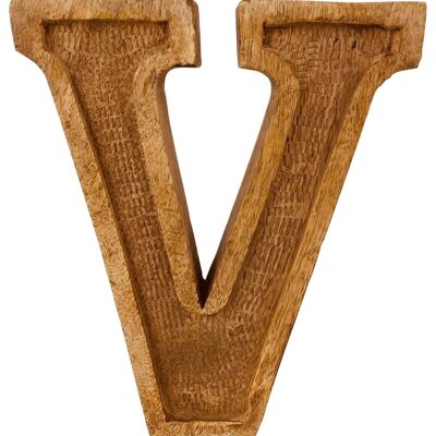 Letra V en relieve de madera tallada a mano